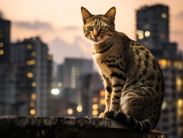 Foto gatto elegante appollaiato su un tetto contro lo skyline della città