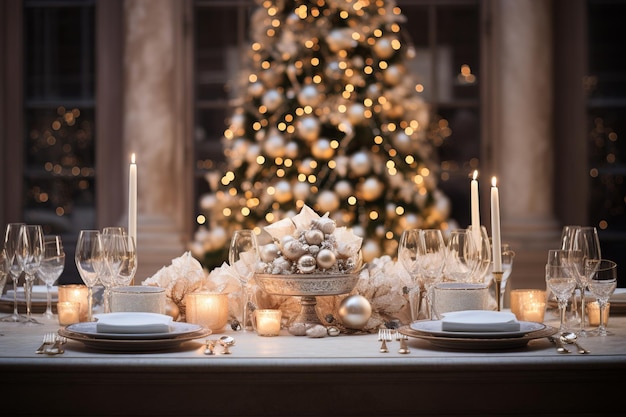 Sleek Christmas Table Setup with Softly Lit Tree Backdrop Ready for Product Display