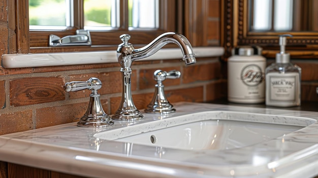 Photo sleek chrome faucet in a modern bathroom with marble countertops bathroom fixture