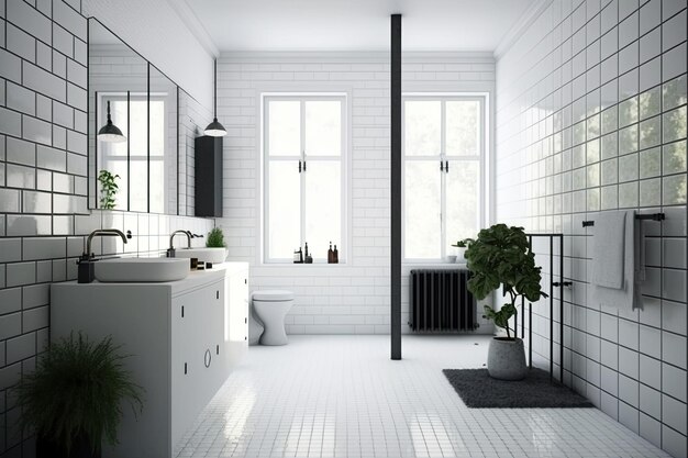 a sleek and contemporary bathroom with white tiles and minimal fixtures