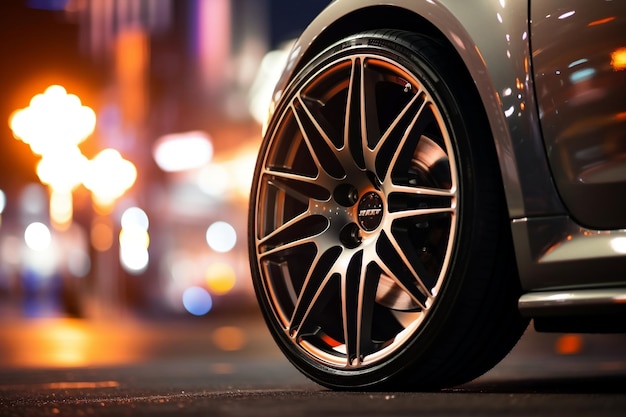Алюминиевый обод изящного дизайна на колесе спортивного автомобиля с эффектом Night Blur Generative от Ai