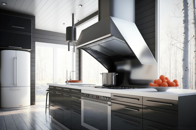 Sleek design meets modern function in this stainless steel kitchen hood in interior ai generative