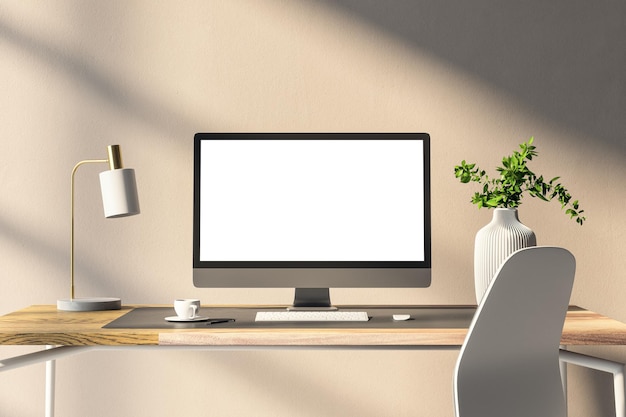Sleek desktop monitor mockup op een houten tafel met decoratieve elementen Home office concept 3D Rendering