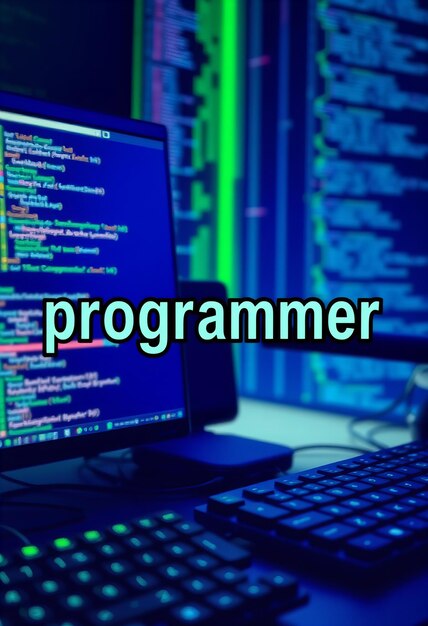 Sleek digital design of the word programmer featuring computer code screens and keyboards