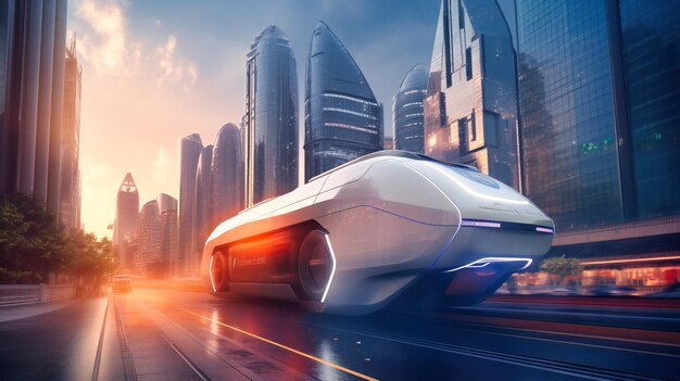 a sleek electric transport speeds through a bustling city delivering goods with hightech precision