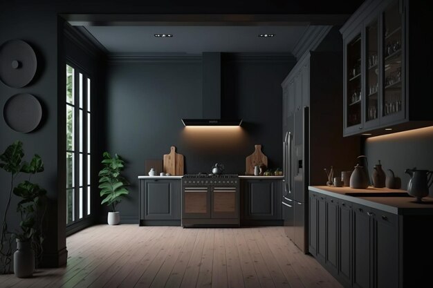 Элегантная элегантность интерьера темной кухни с пустой серой стеной, панорамным окном, современной раковиной, газовой плитой и аккуратно расположенной посудой, дубовым деревянным полом, минималистским дизайном, генеративным ИИ.