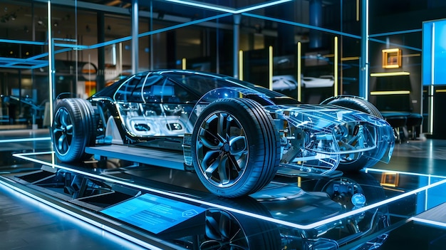 Foto sleek elektrisch voertuig met doorzichtig chassis tentoongesteld in futuristische showroom