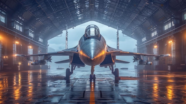 A sleek fighter jet is stationed in a spacious welllit hangar