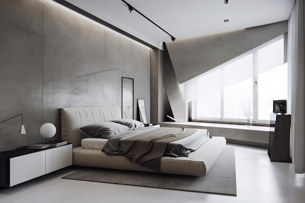 Элегантная и футуристическая спальня с минималистичным дизайном, монохромной палитрой и гладкими акцентами