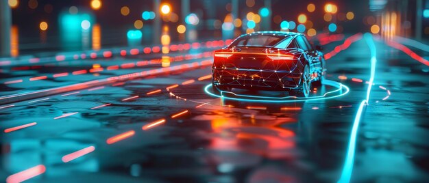 Photo a sleek futuristic car driving through a neonlit cityscape at night with vibrant reflections