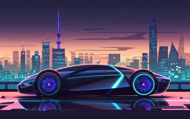 Foto un'elegante auto futuristica luccica sotto le luci al neon in un vivace paesaggio urbano cyberpunk che riflette vibrazioni high-tech e design urbano avanzato.