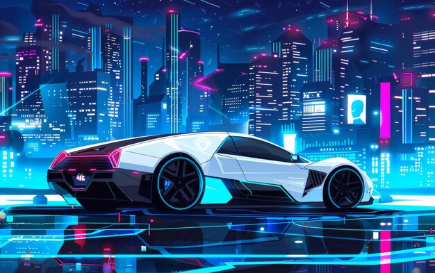 A sleek futuristic car gleams under neon lights in a vibrant cyberpunk cityscape reflecting hightech vibes and advanced urban design Car