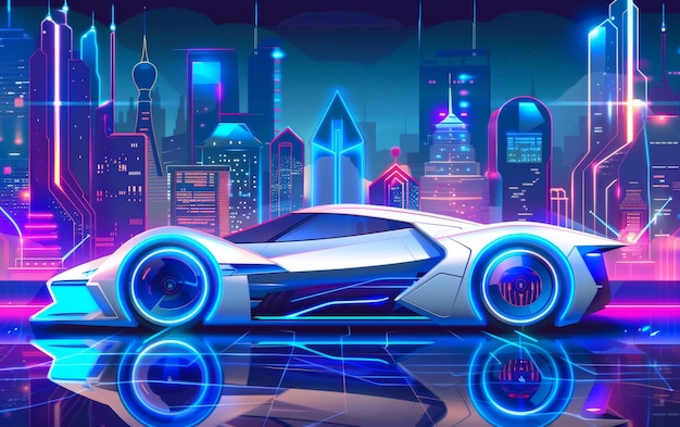 멋진 미래의 자동차는 신호등 아래 반이고, 첨단 기술과 첨단 도시 디자인을 반영하는 활기찬 사이버 크 도시 풍경 속에 있습니다.