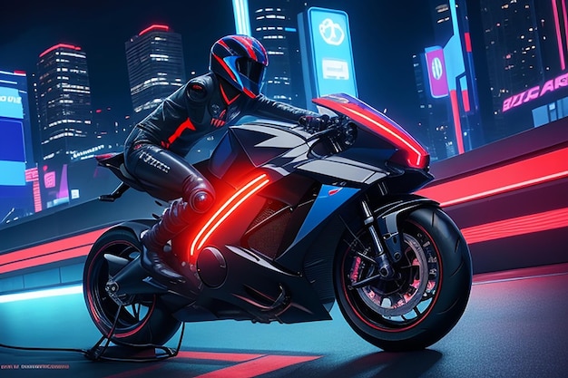 네온 블루 프레임과 빛나는 빨간색 배기 파이프를 갖춘 날렵한 미래형 오토바이가 밤에 네온 조명이 켜진 도시 풍경을 질주합니다.