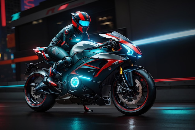 네온 블루 프레임과 빛나는 빨간색 배기관이 빠르게 질주하는 세련된 미래형 오토바이