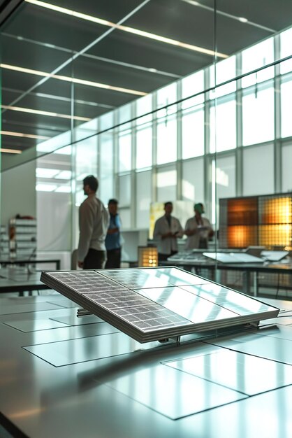 하이테크 실험실에서 선보이는 멋진 미래의 태양 전지판 프로토타입, 혁신에 대한 엔지니어들의 브레인스토밍