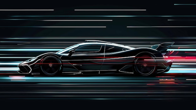 A sleek and futuristic sports car speeds along a dark road The cars headlights are on and its wheels are spinning fast