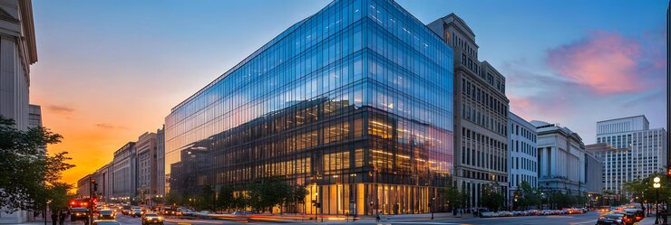 Photo sleek glass office building in a business district