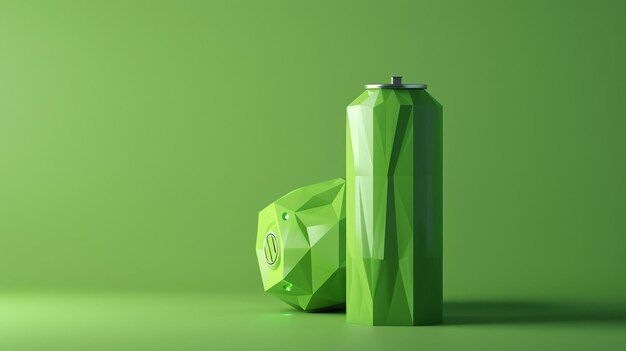 A sleek green energy drink can and a wireless speaker Both are made of metal and have a geometric design The can is halffull of liquid