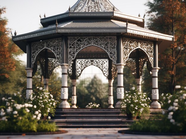 A sleek grey gazebo enhancing the house's design AI Generation