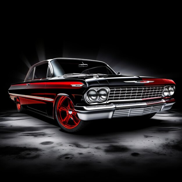 The Sleek Harmony A Black and Red Chevy Impala Chromed Out against a White Background