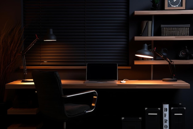 A sleek home office in dark room featuring a laptop resting on a desk