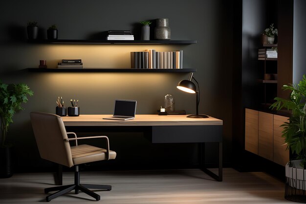 A sleek home office in dark room featuring a laptop resting on a desk