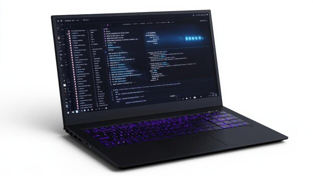 a sleek laptop displaying dynamic code and programming languages on its screen perfect for tech enthusiasts and software developers generative ai
