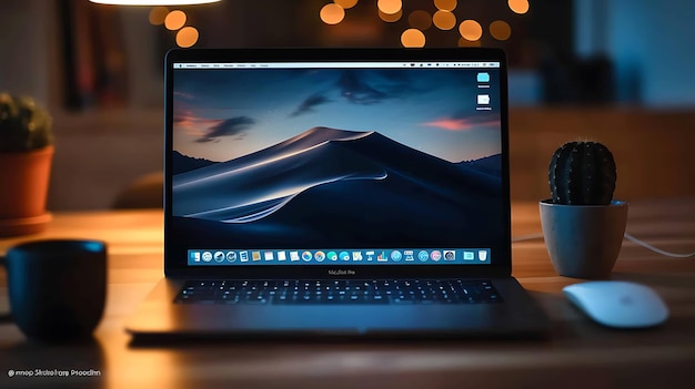 A sleek laptop sits on a wooden table The screen is open and a beautiful desert landscape is displayed