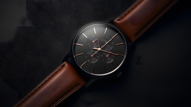 Sleek lederen horloge tegen een minimalistische zwarte achtergrond