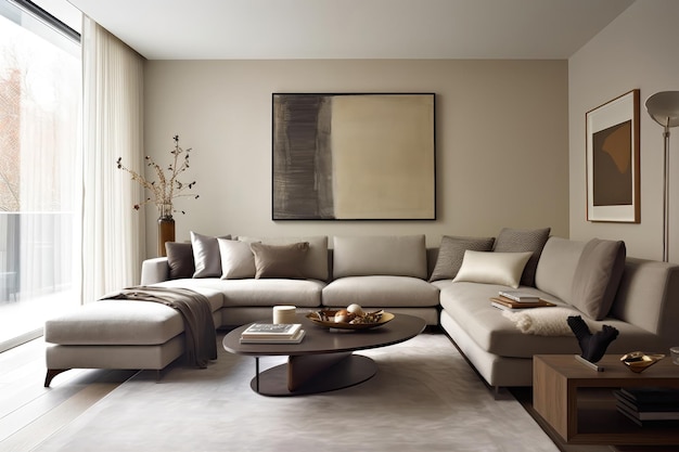 モダンな家具とニュートラルな色調を備えた洗練されたリビング ルーム現代的なインテリア デザインジェネレーティブ AI