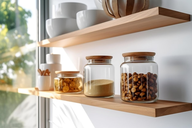 Sleek Luxury Kitchen Wooden Shelves Glass Jars and Ceramic Delights Generated Ai