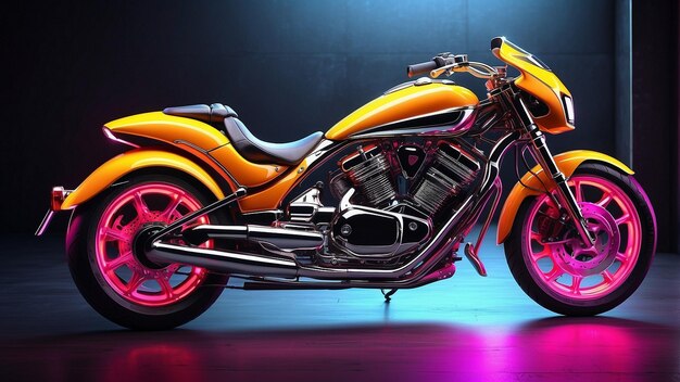 A sleek and luxury neon color futuristic motorcycle with a glossy chrome exterior