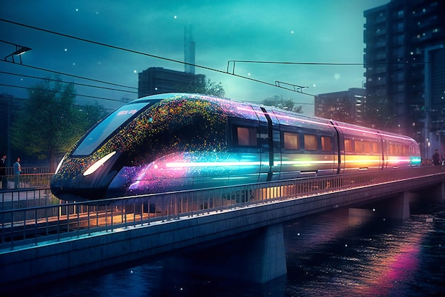 Sleek maglev trains levitate above tracks whisking passengers through cities at 500 kmh surrounded by iridescent cityscapes