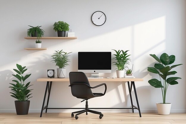 Гладкая минималистская установка домашнего офиса с компьютерным монитором и векторной иллюстрацией растений в горшках