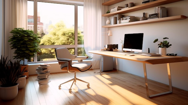 Sleek and minimalist home office setup with a sleek desk ergonomic chair minimalist decor and ample natural light offering a functional and aesthetic workspace Generative AI