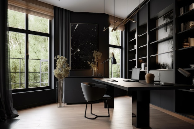 A sleek minimalist home office with black accents and modern furniture created with generative ai