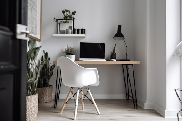 A sleek minimalist home office with a minimalist desk and chair created with generative ai