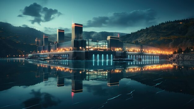 A sleek minimalist image of a hydroelectric power station Created with Generative AI