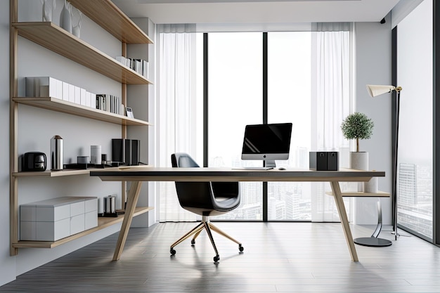 A sleek and minimalist office with a large desk and modern chair created with generative ai