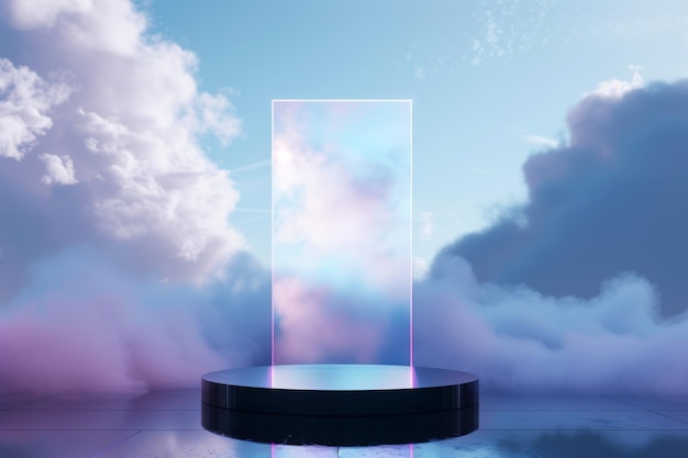 A sleek minimalist podium with a transparent holographic screen clouds