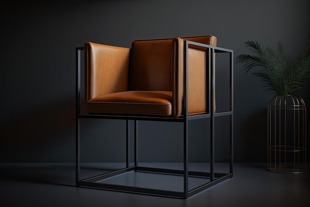 A sleek minimalistic armchair with a metal frame and leather seat created with generative ai