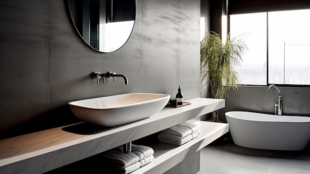 A sleek modern bathroom with a minimalist design featuring a polished concrete countertop and a sculptural marble sink Generative AI