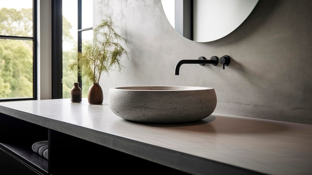 A sleek modern bathroom with a minimalist design featuring a polished concrete countertop and a sculptural marble sink Generative AI