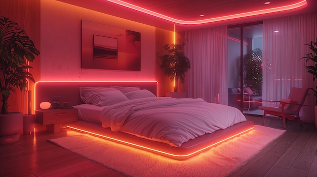 Sleek and modern bedroom illuminated by neon lights adding an element of excitement