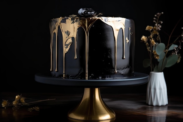Sleek modern cake with glossy black frosting and gold accents created with generative ai