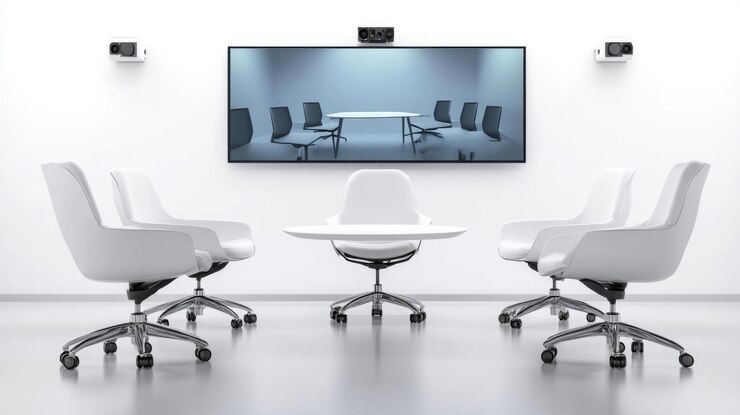 Photo a sleek modern conference room featuring white chairs and a large video conferencing screen designed for virtual meetings