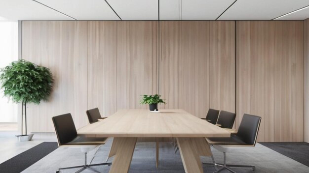 A sleek and modern conference room with a touch of Scandinavian minimalism featuring clean lines