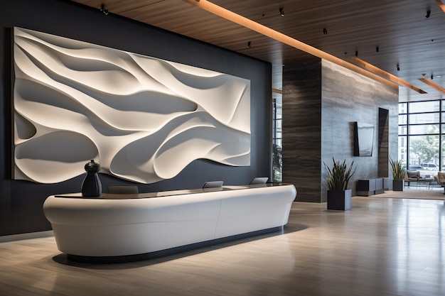 Sleek and modern corporate office lobby with minimalist decor a large reception desk and contemporar