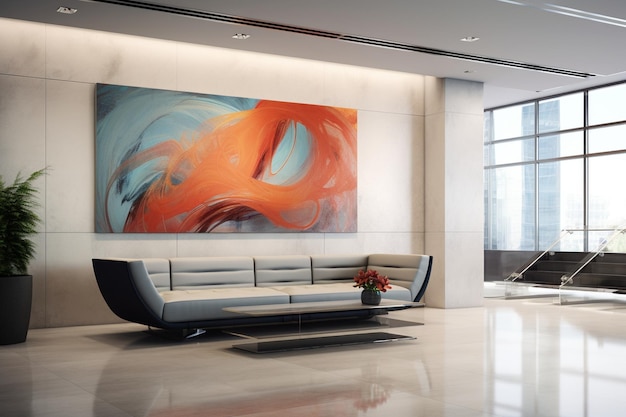 Sleek and modern corporate office lobby with minimalist decor a large reception desk and contemporar